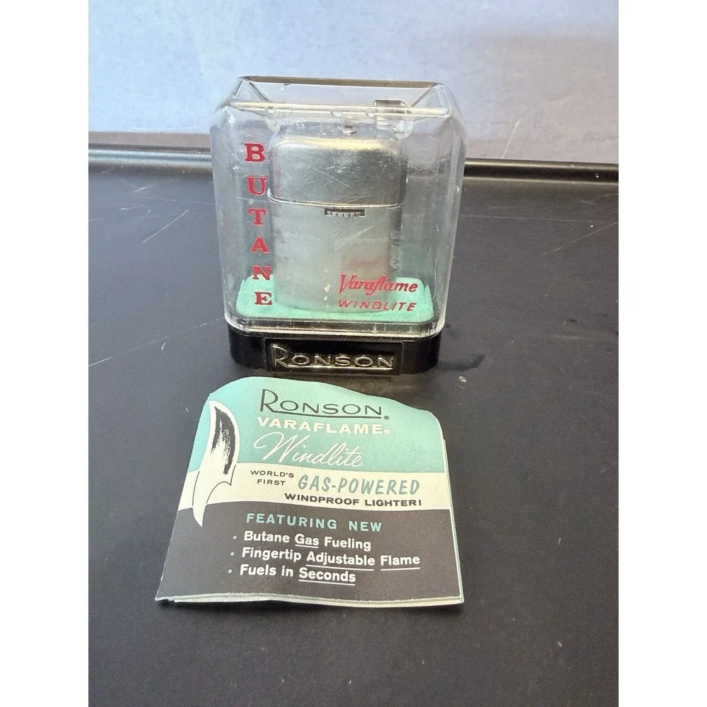 Ronson Varaflame Windlite Collectible Butane Lighter Original Case & Instruction